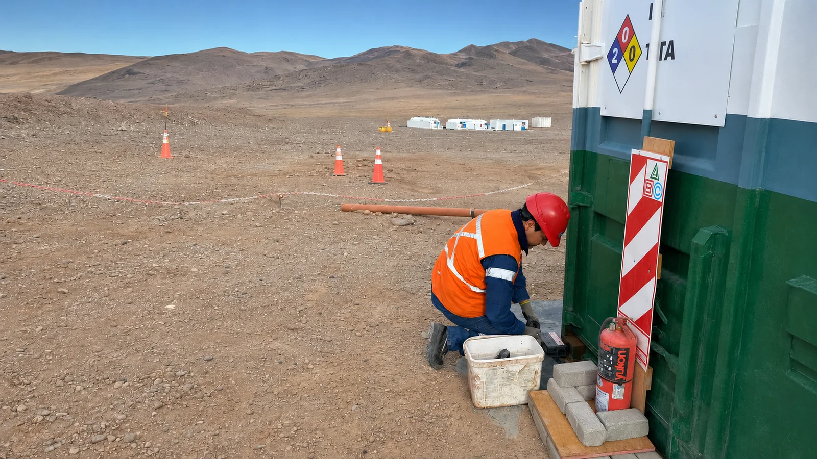 Técnico O.FRE.SER revisando una estación de monitoreo en un campamento de la Puna